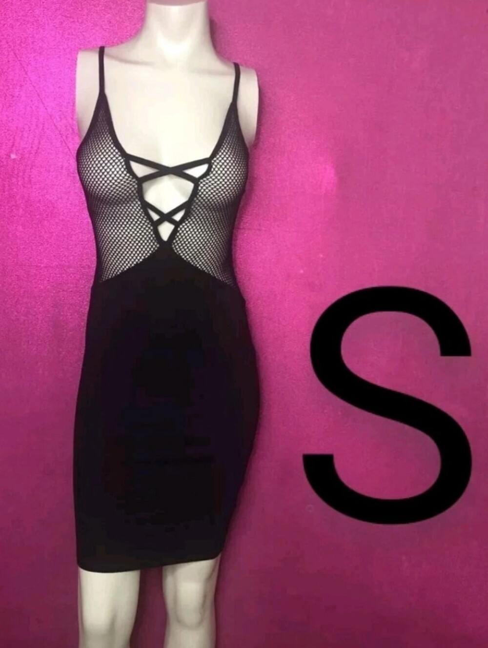 🆕Black Sexy Club Lingerie Fishnet Deep V-Neck Bodycon Dress   Size S